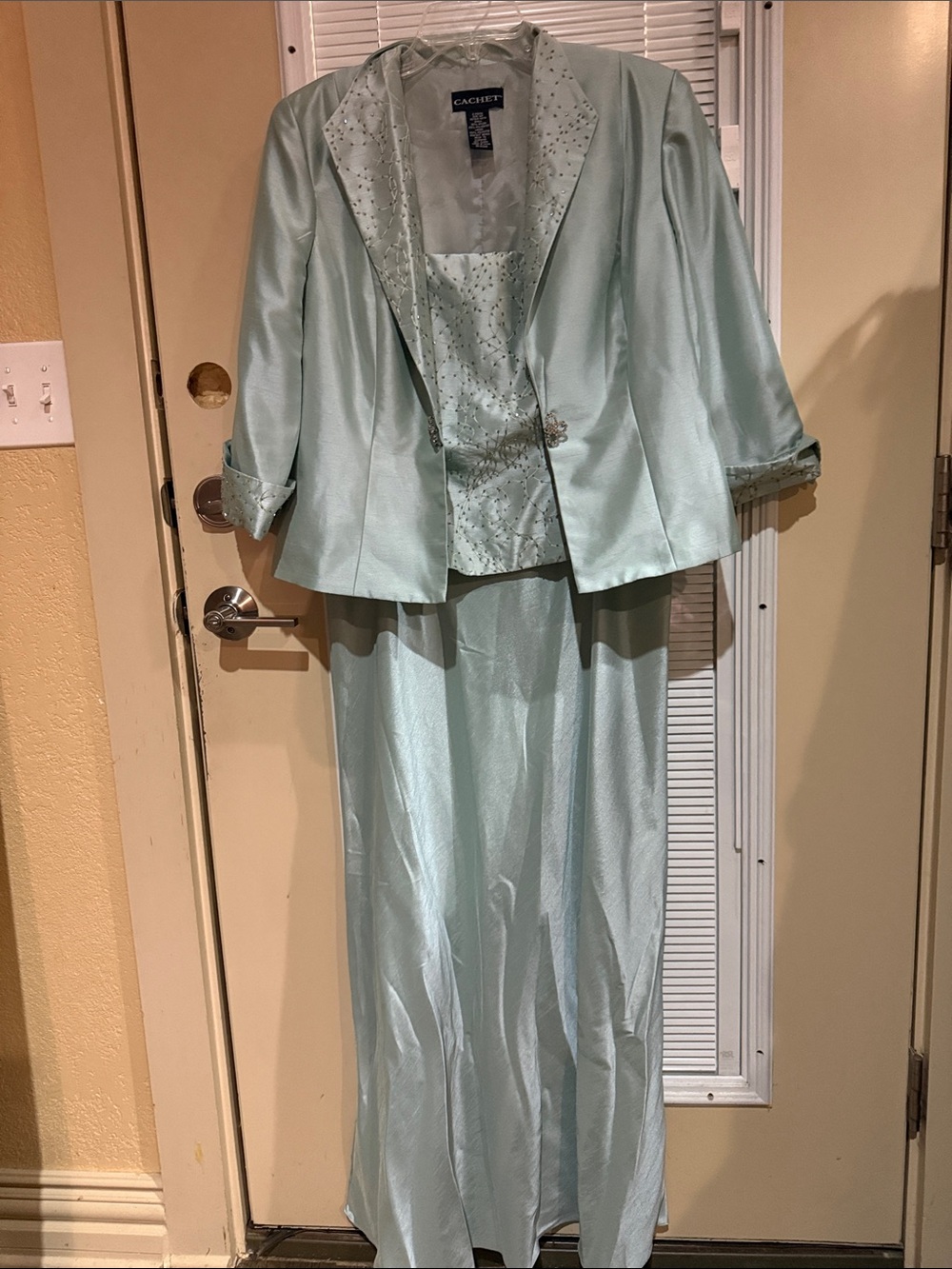 Cache Mint Green Satin Three-Piece Evening Ensemble